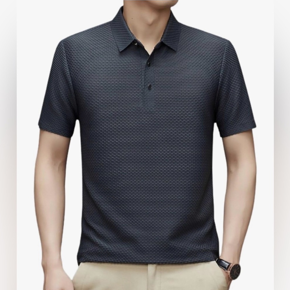 NWT Men’s XL Black Textured Collared Polo Button Up Short Sleeve Dress Shirt